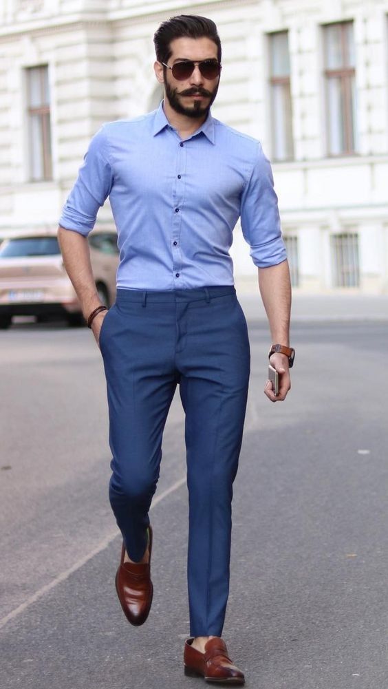 blue formal pants with a matching shirt