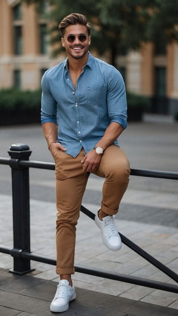Brown Chinos Combination with Denim shirts