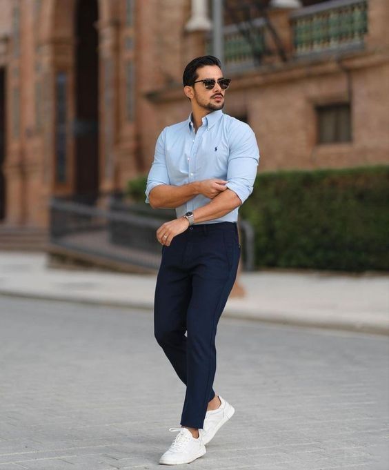 Navy Blue Chinos with Light Blue Shirts