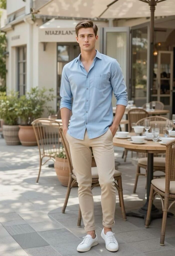 Tan Chinos with Blue Shirts
