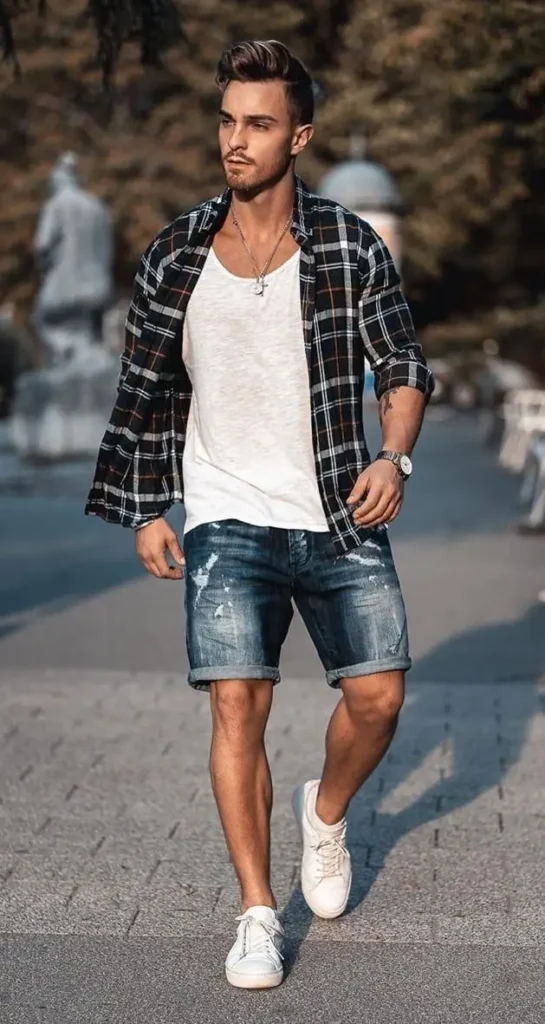 Textured Shirts with denim shorts