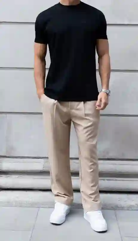 A simple plain t shirt combination with chinos