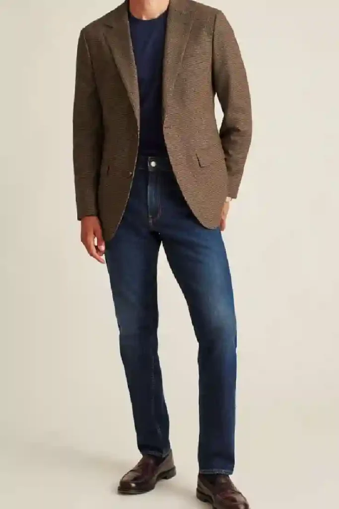 Brown Blazer with blue t shirt