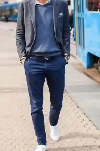 Grey blazer with blue t shirt