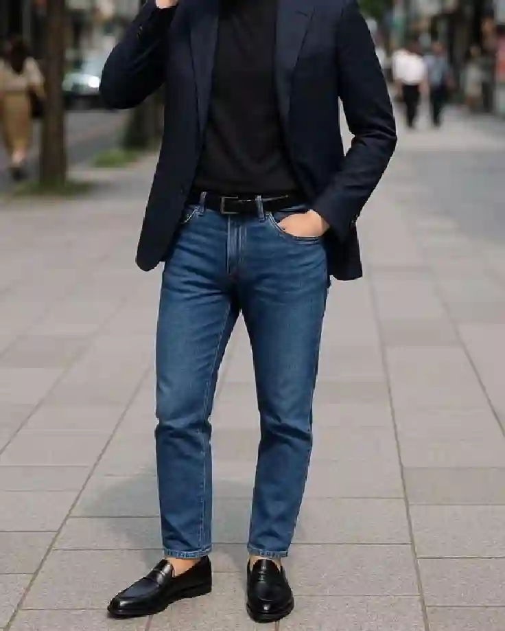 Navy blue blazer with Black t shirt