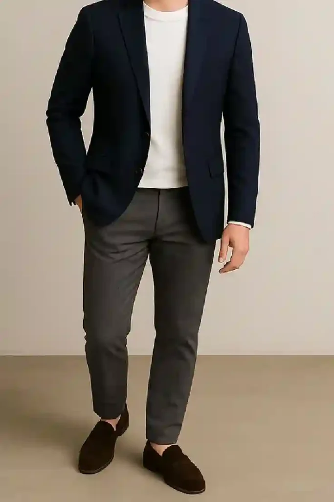 Navy blue blazer with white t shirt