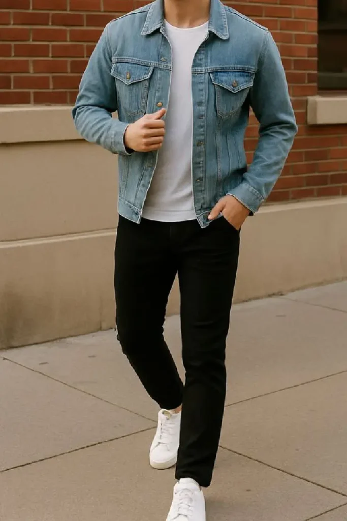White t shirt combination with a denim jacket