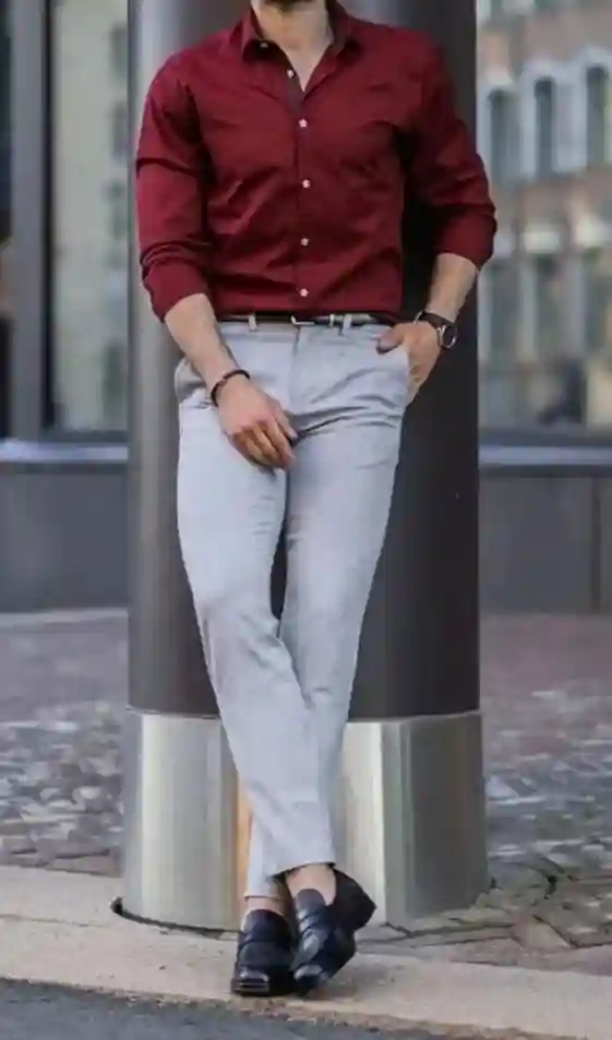 Grey Pants with Red Shirt Combination