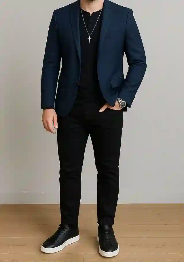 Navy Blue Blazer with Black Pants Combination