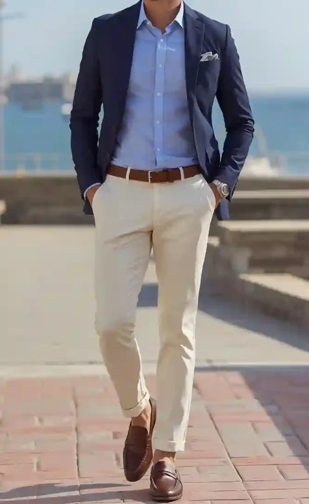 Navy Blue Blazer with Cream Pants