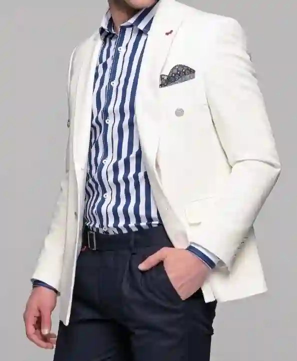 White Blazer with Dark Blue Striped Shirt