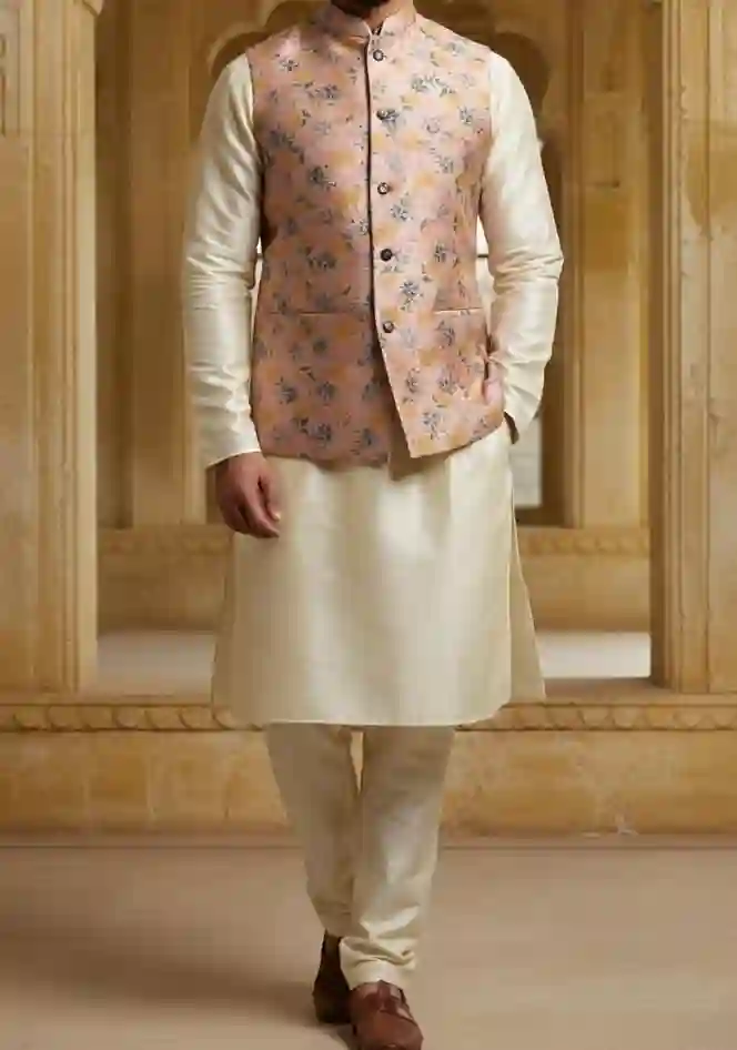 Choose a Floral waistcoat and kurta set in Contrasting colours