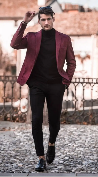 Maroon Blazer with Black Pant and Black Shirt