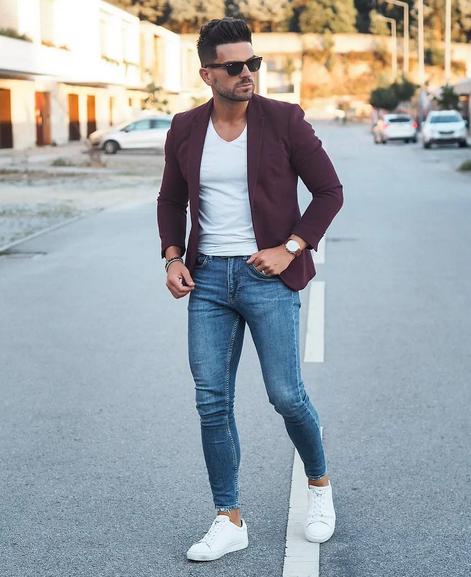 Maroon Blazer with White Shirt and Jeans