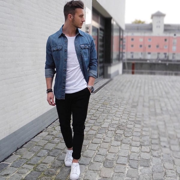 white t-shirt with Denim Overshirt